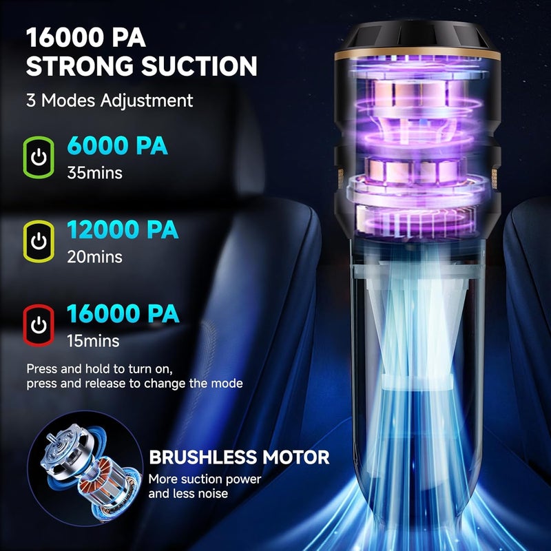 Piwosa Handheld Vacuum Cordless, Car Vacuum Cleaner with Brushless Motor, Strong Suction Vacuum & Compressed Air Dusters with LED Light, Wireless Mini Portable Hand Vacuum Blower for Home, Pet (Black) - Image 2